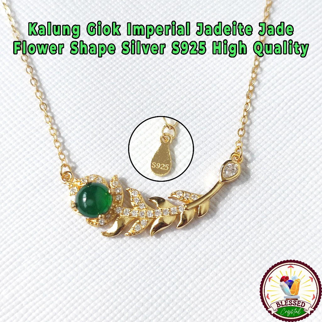 Kalung Giok Imperial Jadeite Jade Flower Shape Necklace Gold Plated Silver S925 High Quality Asli