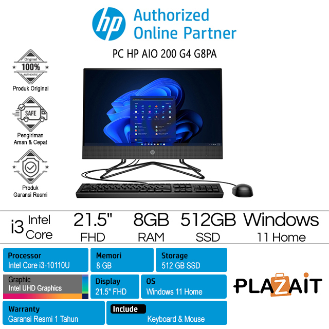 PC HP AIO 200 G4 G8PA Intel Core i3-10110U 8GB 512GB SSD UHD Graphics 21.5" FHD W11 Home Black