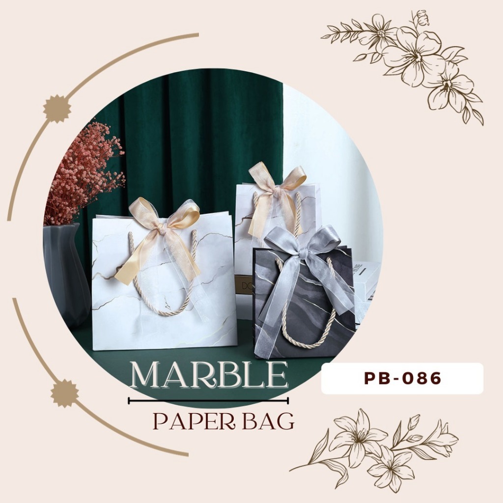 

PB086 – TAS KADO PAPER BAG MARBLE KANTONG GOODIE BAG HAMPERS + PITA PREMIUM GIFT 2 RIBBON