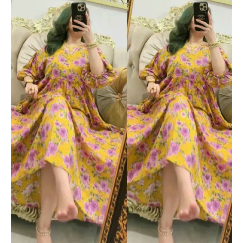 gamis rayon bunga" lengan balon