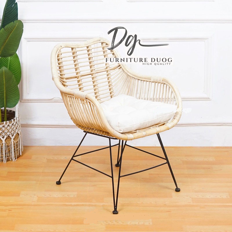 KURSI ROTAN KAKI BESI TERAS / KURSI CAFE ROTAN MINIMALIS DENGAN BANTAL / KURSI MAKAN BAR ROTAN ASLI 