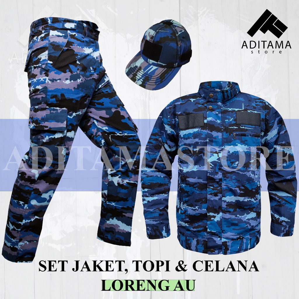 Satu Set Jaket Pria Celana Panjang PDL Topi Loreng Army biru Swa Bhuwana Paksa