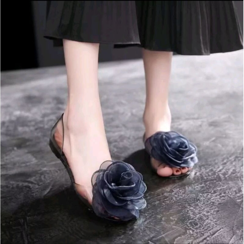 Sepatu Jelly Flatshoes Kaca Wanita Flower Bunga Mawar Import/ Sandal Jelly Kaca Bunga Mawar 186 (REA