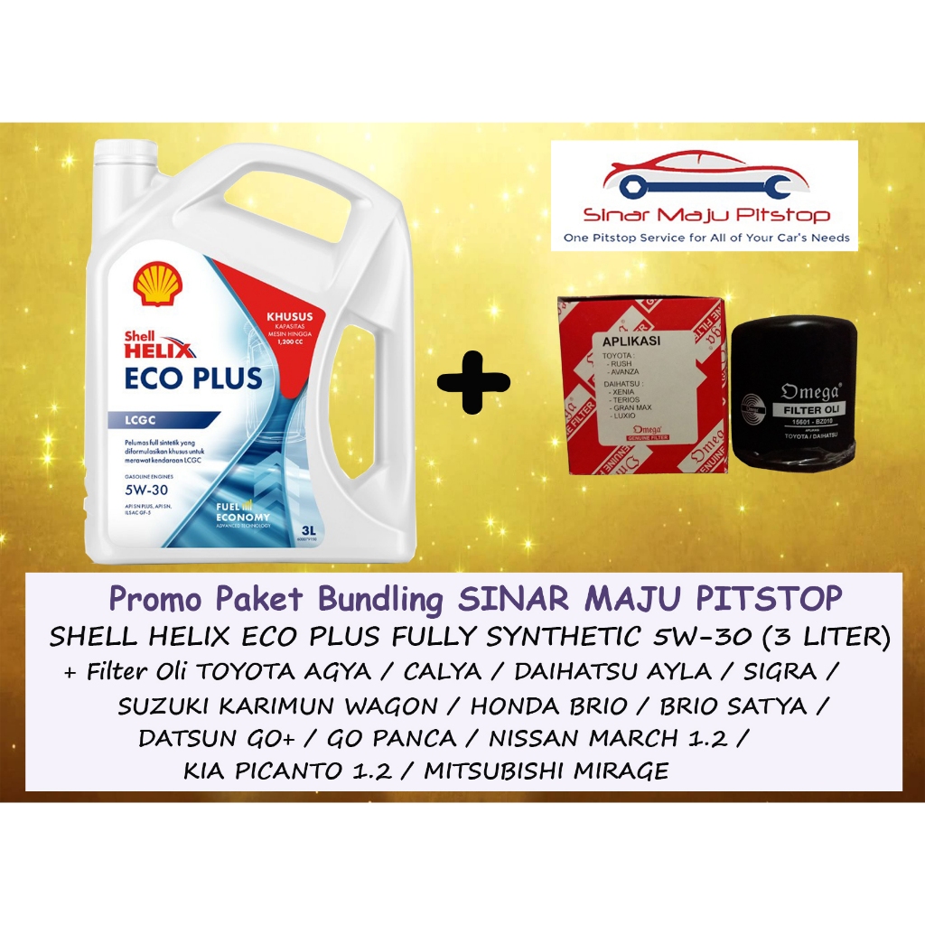 Paket Bundling OLI SHELL HELIX ECO PLUS FULL SYNTHETIC 5W-30 API SN 3 LITER & FILTER OLI MOBIL DAIHA
