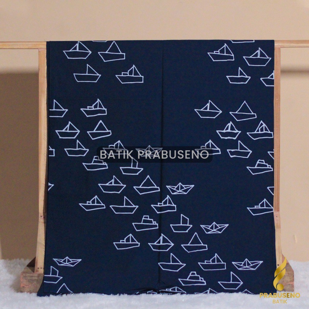 Prabuseno Kain Batik Motif Kapal Biru Putih Modern Kekinian Bahan Katun Hand Print Premium Adem Teba