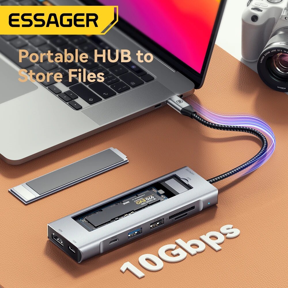 ESSAGER USB Hub Type C Adapter 8in1 USB 3.2 SD TF HDMI SSD PD 100W Pindahkan Data dengan SSD SSD NVM