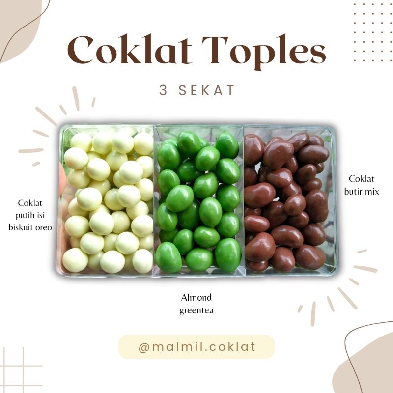 

Paket Coklat Toples 3 sekat | Coklat putih matcha almond mede kismis | Cemilan suguhan Ruang tamu - Malmil.Coklat