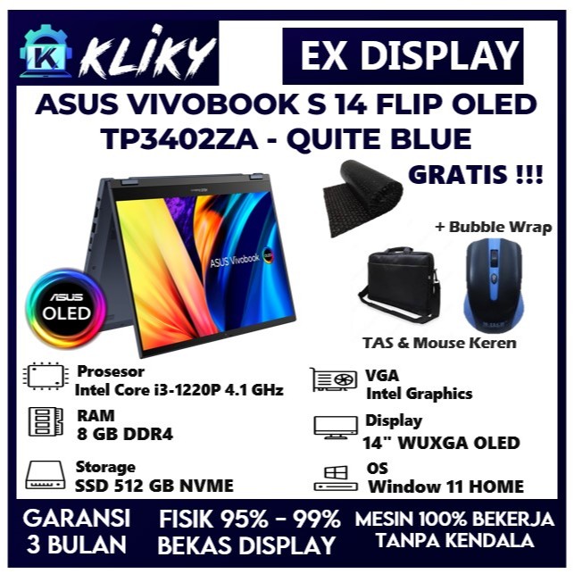 Laptop Touchscreen Asus Vivobook Flip OLED S14 TP3402ZA Intel Core i3 Gen 12 1220P Ram 8 GB