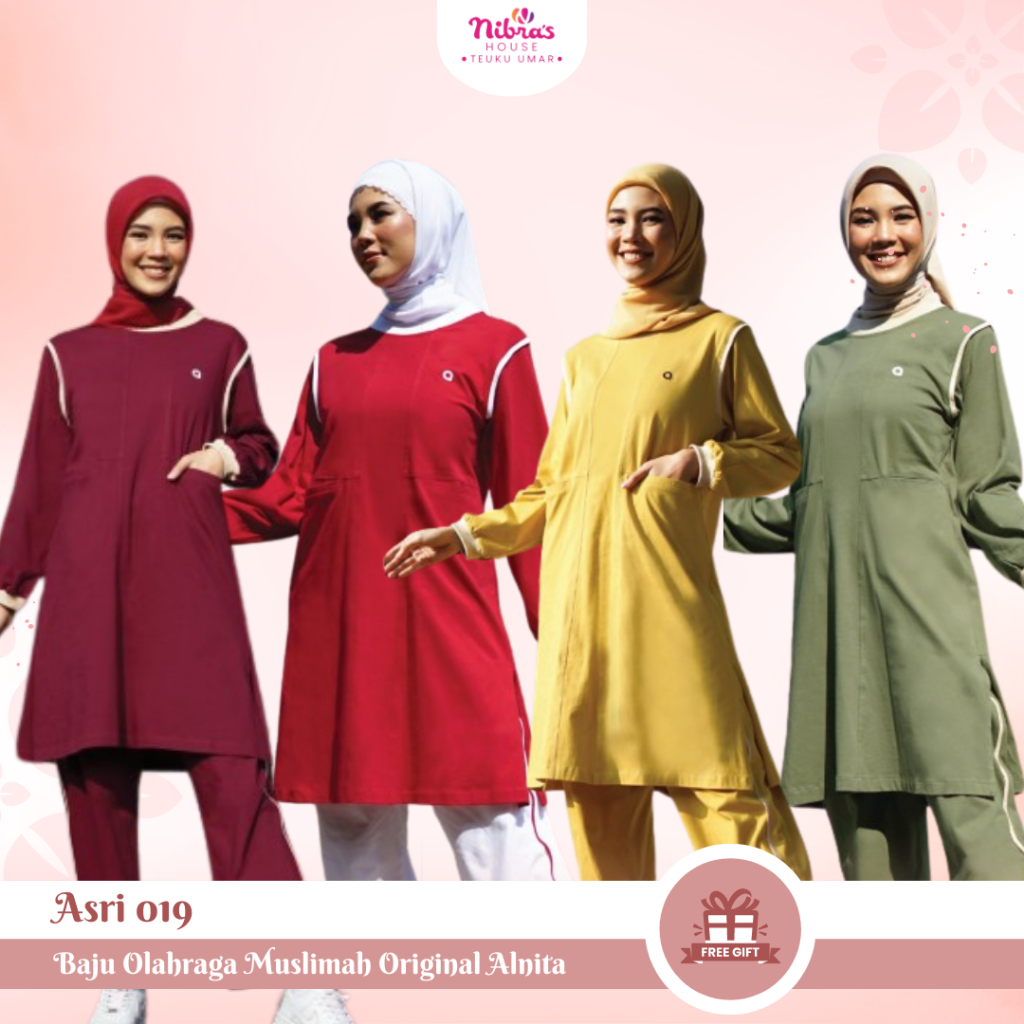 Set Baju Olahraga Wanita Muslimah Kaos Panjang Free Celana Alnita Asri 018