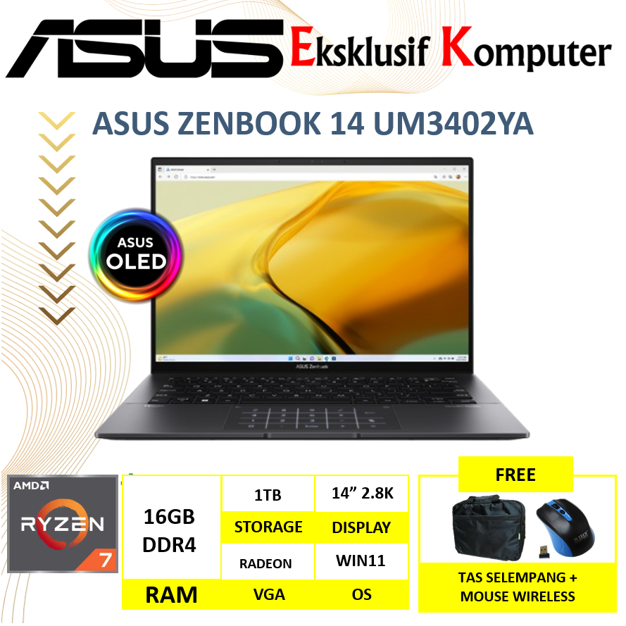 Laptop Asus Zenbook UM3402YA AMD Ryzen 7 5825U 16GB 1TB SSD OLED 2.8K Touchscreen Windows 11 Black