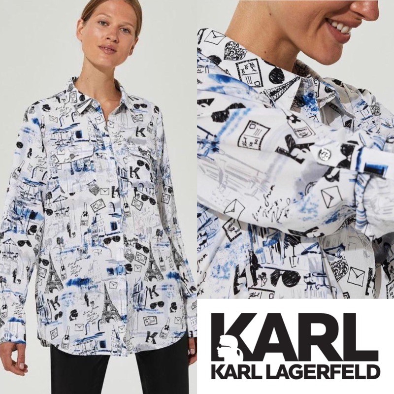 Karl krl lagerfeld paris white blue printed shirt kemeja