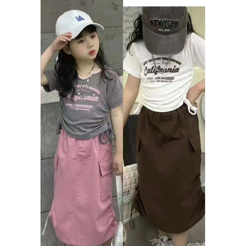 Setelan Rok Cargo + Kaos Serut Samping Bangkok Korean Style Premium Import Anak Perempuan