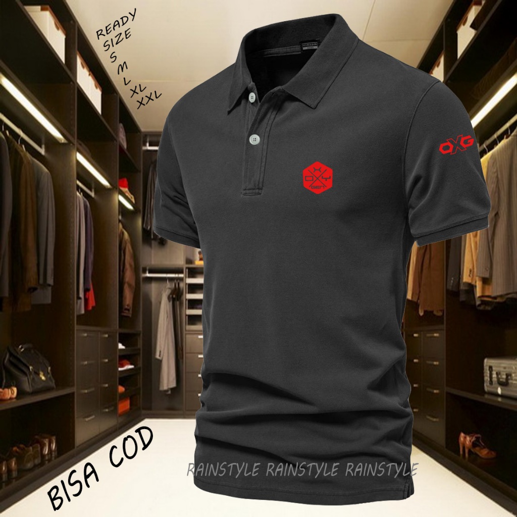 COD T-shrit Kaos POLO kerah Oxygen Plus Lengan Text Merah Kaos Kerah Dewasa Shirt / Kaos Wangki Pria