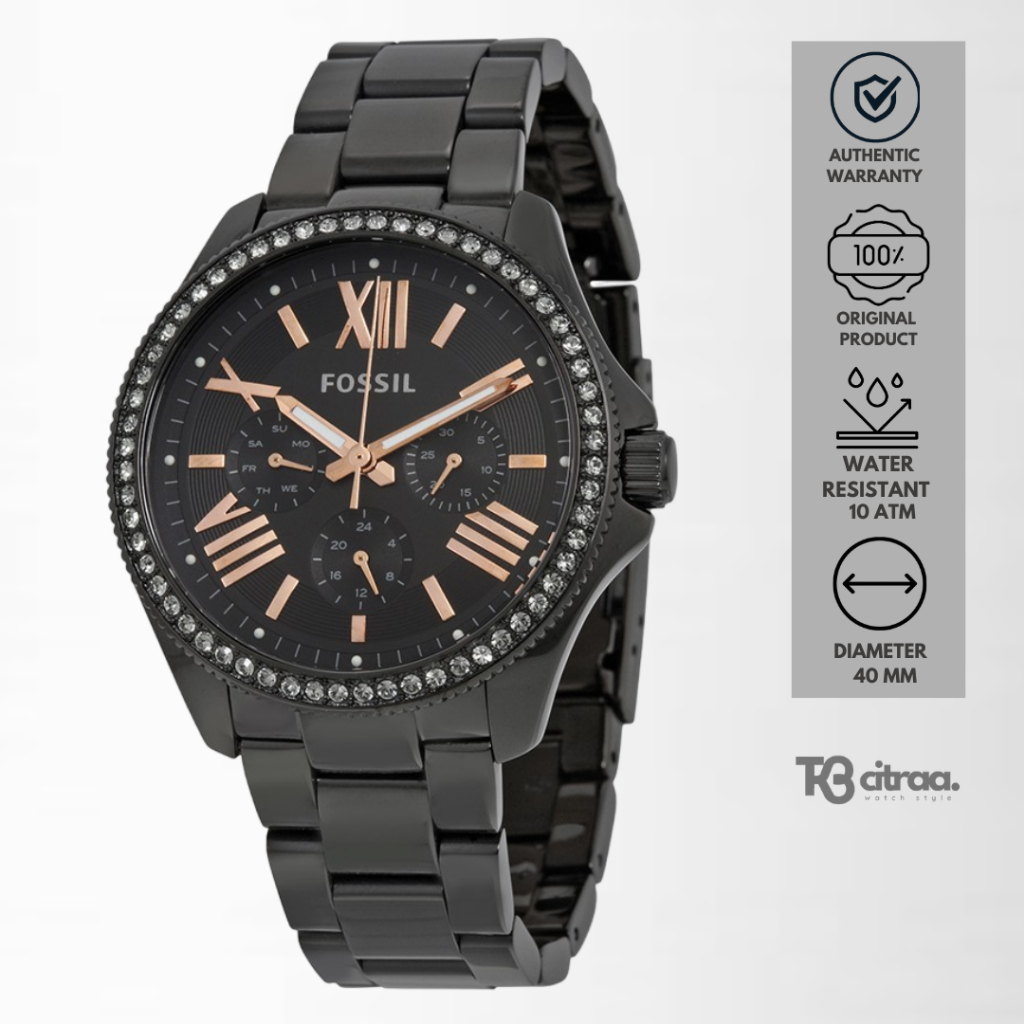 jam tangan fashion wanita fossil cecile rantai analog chronograph multifunction day date stainless s