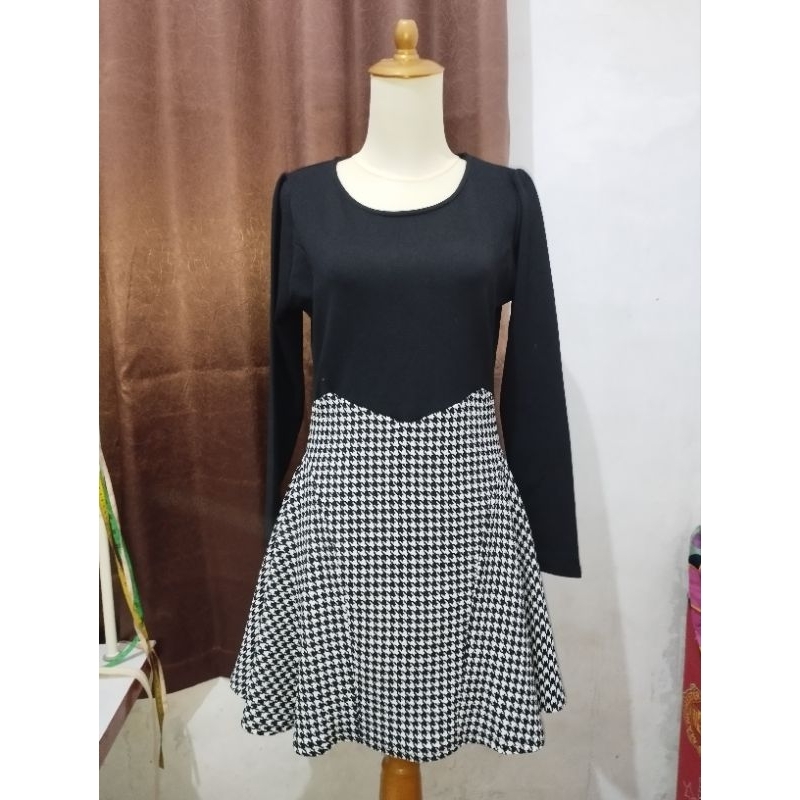 Dress hitam kombinasi HS houndstooth korea