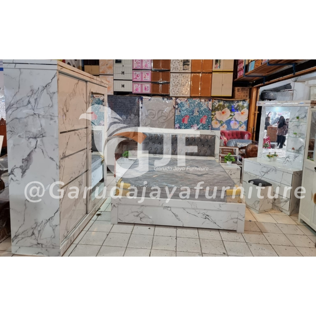 KAMAR SET PUTIH MARBLE/KAMAR SET MINIMALIS/KAMAR SET HPL MARBLE/KAMAR SET LENGKAP LEMARI DIVAN MEJA 