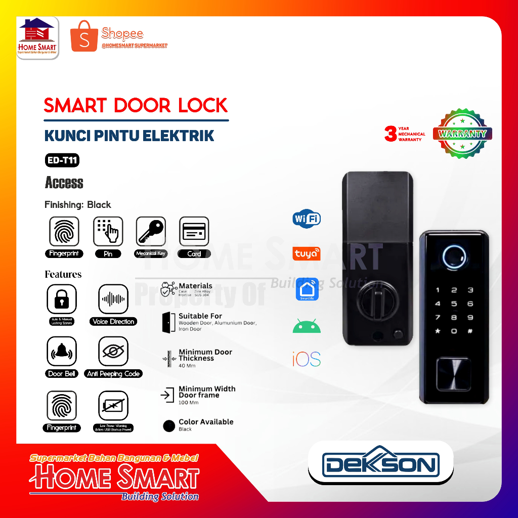ELECTRONIC DEADLOCK DEKKSON ED T11 BLACK KUNCI PINTU DIGITAL