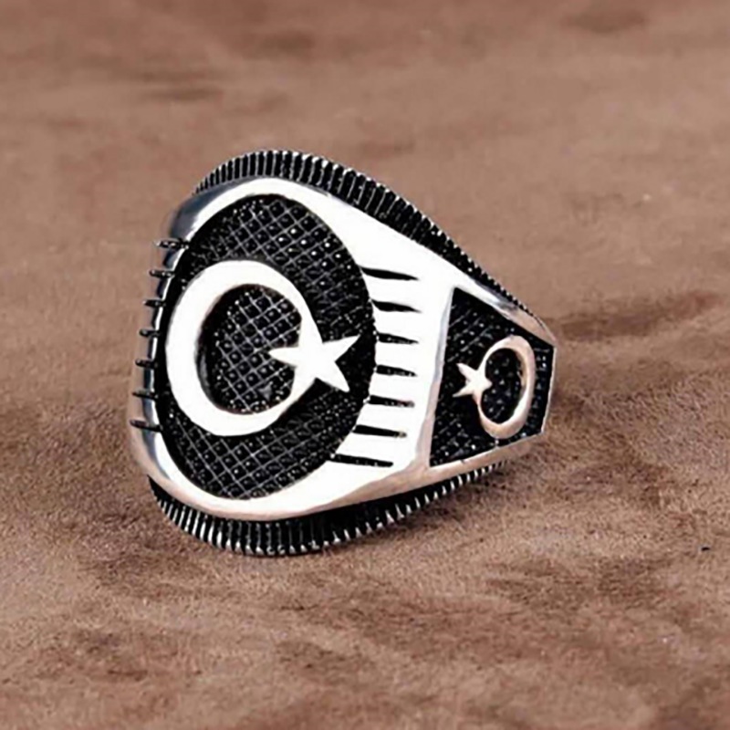 Cincin Logo Bulan Sabit & Bintang / Cincin Oval Pria Bintang Bulan Sabit Turki Silver Black / Star C
