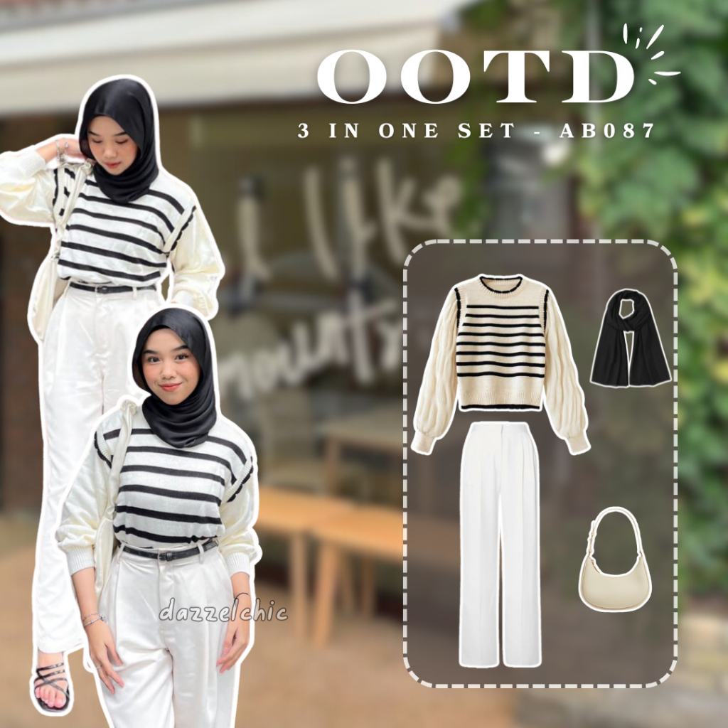 AB087 - Setelan Wanita Kekinian Korean Style Hijab | Ootd Nongki Ootd Casual Korea Sweater Bergaris 