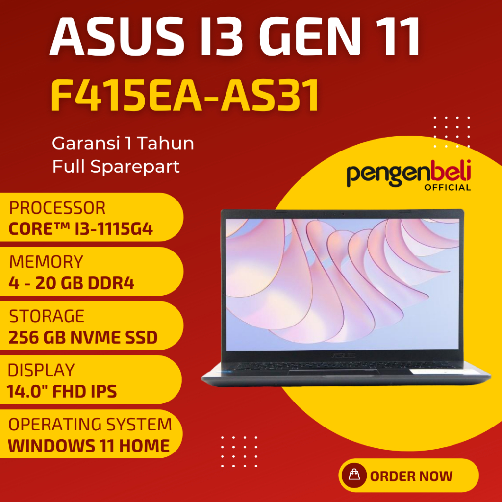LAPTOP ASUS VIVOBOOK MURAH - F415EA-AS31 - CORE I3 GEN 11 - 20GB RAM - 256GB SSD - 14" IPS FHD - WIN