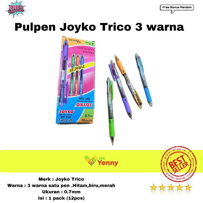 

Pulpen Joyko Trico 3 Warna / Ball Pen Joyko Trico 3 Warna(Hitam,Biru,Merah)