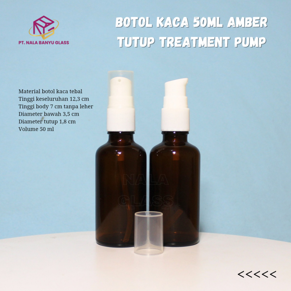 botol kaca 50ml coklat tutup pump / botol pump treatment 50ml kaca