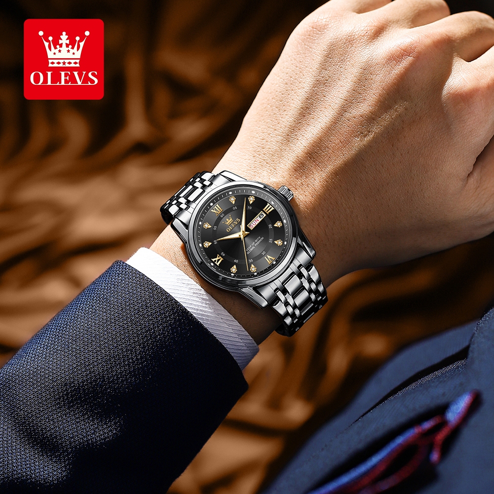OLEVS Jam Tangan Pria Anti Air Original 100% Rantai Keren Mewah Cowok Putih Luxury Stainless Steel