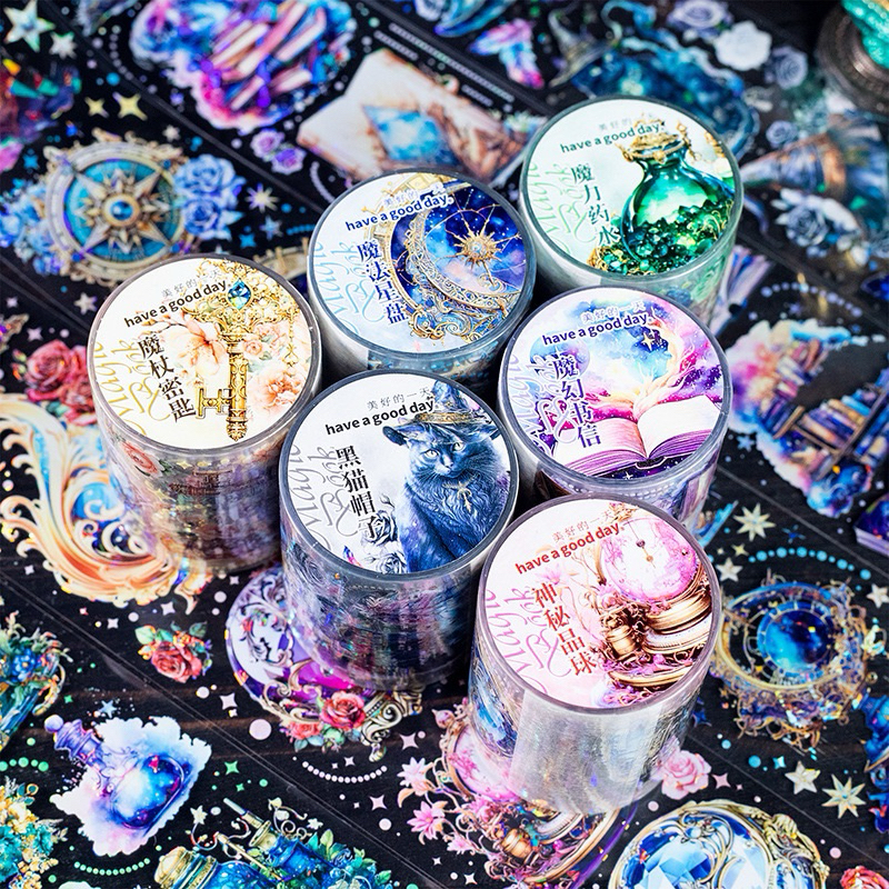

(7D) washi tape selotip hologram bulan moon magic cat kucing ajaib buku book journaling