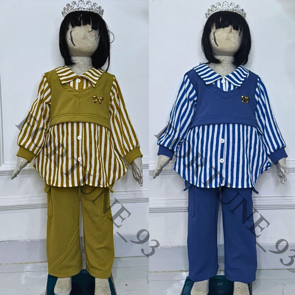 Stelan baju anak cewek kekinian / Setelan Alinka Anak Perempuan / One Set celana cargo usia 3 - 10 tahun atasan salur Korean Style terlaris Baju Set Blouse Tunik Anak - COD