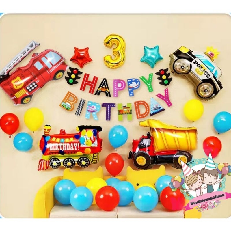 WINDBLOWN BALON PAKET ULTAH ANAK LAKI COWO MOBIL TRANSPORTASI / HBD BIRTHDAY BOY DECOR POLICE TRUCK