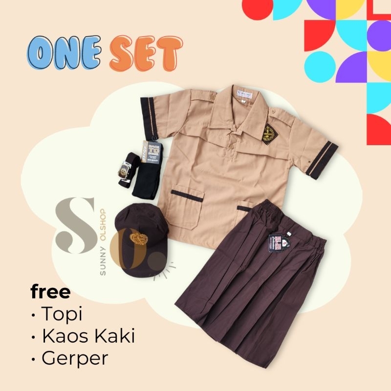 Setelan Super Lengkap Seragam Pramuka Siaga Sekolah SD Cewek Baju Pramuka Siaga Pendek Rok Coklat Pr