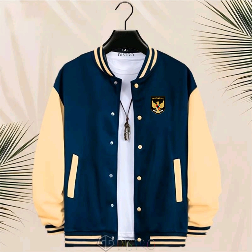 COD - Jacket Unisex Baseball Kancing Jacket Varsity Garuda 02 Navy Cream Baseball Pria Print