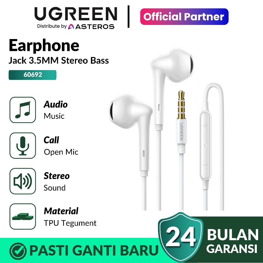 UGREEN Headset Jack 3.5mm In-Ear Stereo Bass Earphone Open Mic 30637 60692
