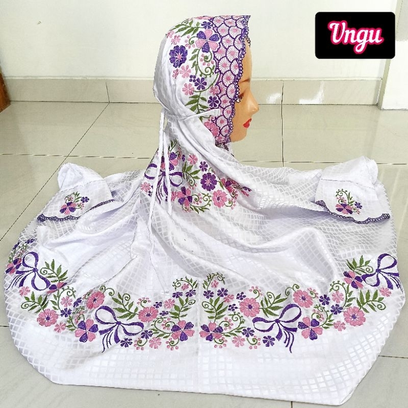 Mukena Terusan Bordir Semi Sutra Bulgari Dewasa Putih Mukenah Dewasa Lajuran/Lajur/Langsungan Rukoh 