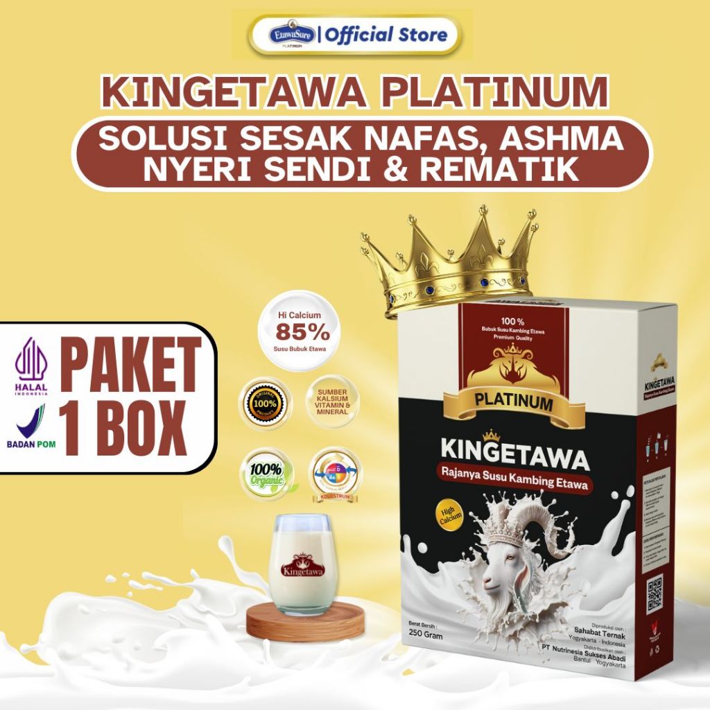 

Kingetawa Platinum Susu Kambing Etawa Premium Untuk Nyeri Sesak Nafas dan Rematik Paket 1 Box