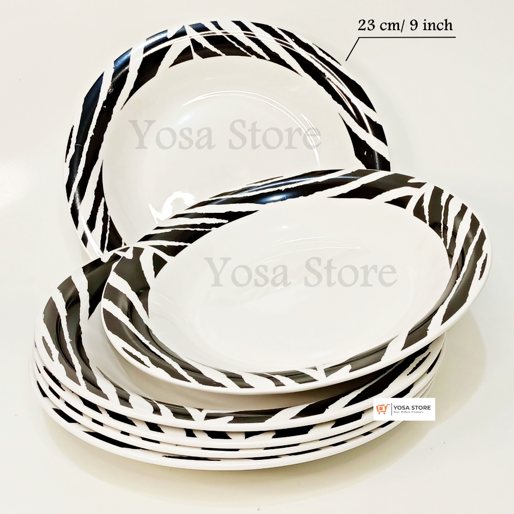 Piring Makan Cekung Keramik Motif KPO Zebra Hitam 9 inch- 6Pc