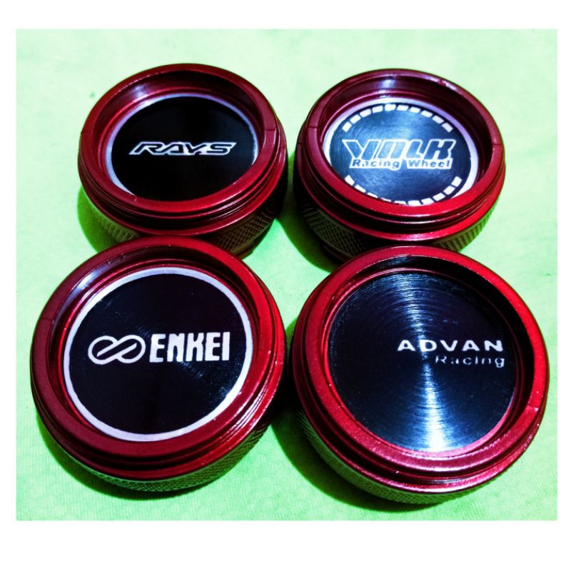 Dop center velg logo RAYS, VOLK, ENKEI, ADVAN. Variasi selinder merah diameter 6 cm