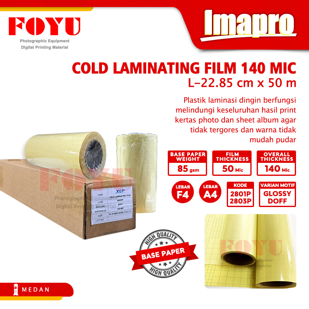 

Plastik Laminasi Laminating Cold Dingin XCP Roll 140 mic 22,85 x 50 meter A4 F4 Doff Glossy 2801P 2803P