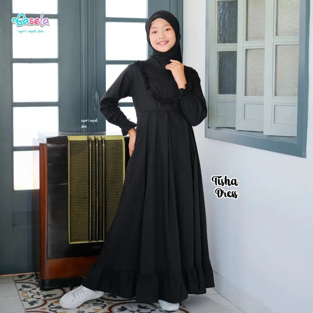 Set Gamis Polos Hitam 10 11 12 13 14 15 Tahun Gamis Remaja Tanggung Baju Muslim Anak Terbaru