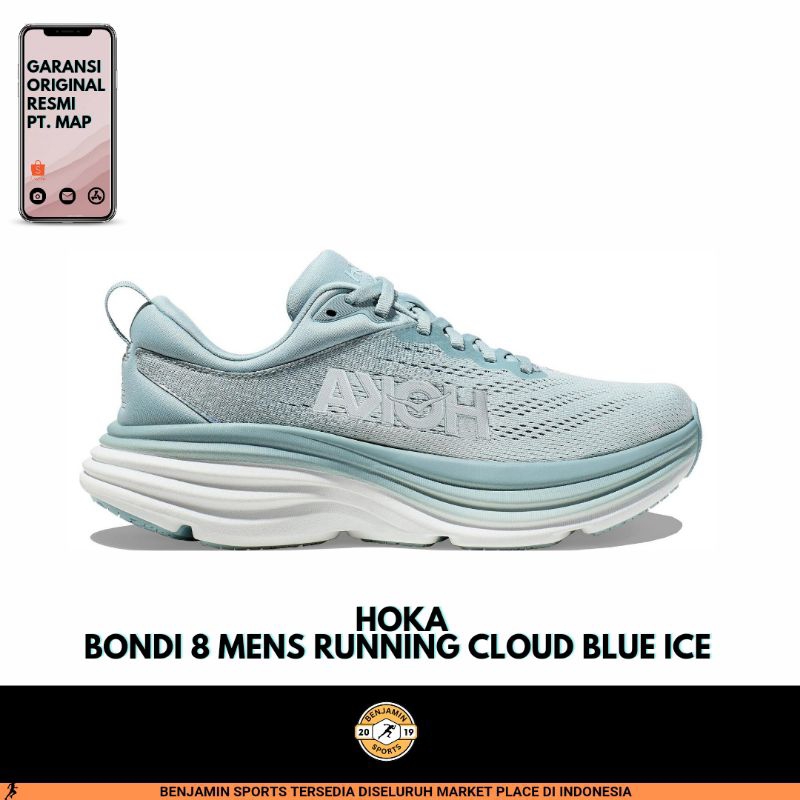 HOKA BONDI 8 MENS RUNNING SHOES CLOUD BLUE ICE FLOW