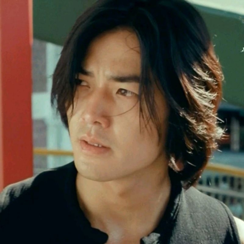 Wig Pria Rambut Panjang Lurus Belahan Tengah Permanen Warna Hitam Alami Model Artis Ekin Cheng