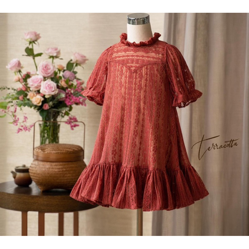 preloved poppuri dress anak perempuan merah bata brokat CHantily dress