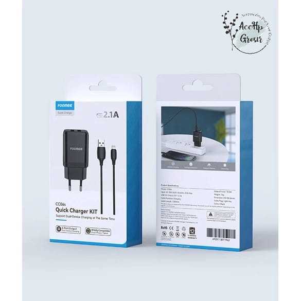 Foomee Charger CC06s 2.1A Dual Port Travel Charger + 1m Lightning Charging Cable CC06S Charger