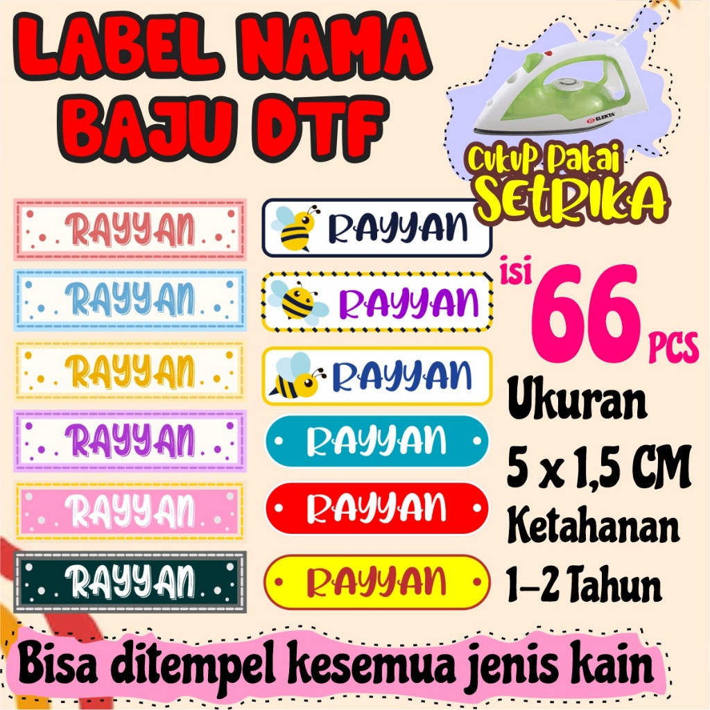 

Label Stiker Nama Costum Untuk Baju atau Segala jenis kain Menggunakan Sablon DTF isi 66pcs Bisa disetrika