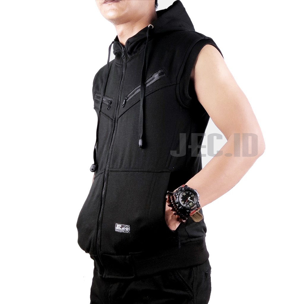 JEC Rompi Hoodie Pocket Zipper Hitam Sporty Full Premium | Tanpa Lengan