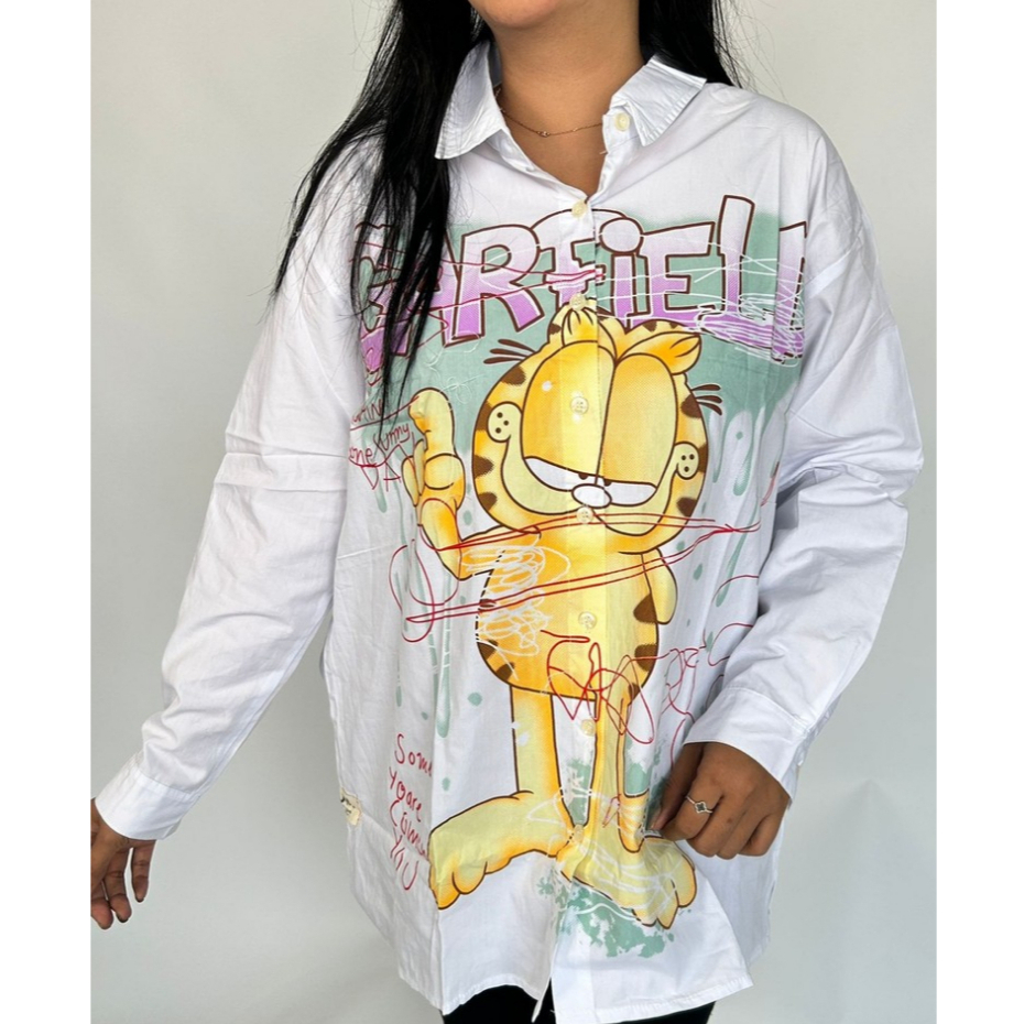 Atasan Kemeja Kancing Gambar Garfield Lengan Panjang