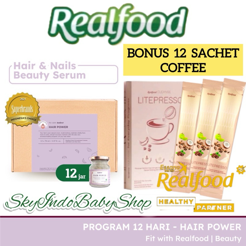 

Realfood Hair Power ( P.12 + Bonus 12 Sachet Coffee Latepresso ) | Suplemen | Vitamin | Asam Amino | Asam Sialat | Aloe Vera | Minuman Sarang Burung Walet | Untuk Membantu Pertumbuhan Rambut | BPOM & HALAL
