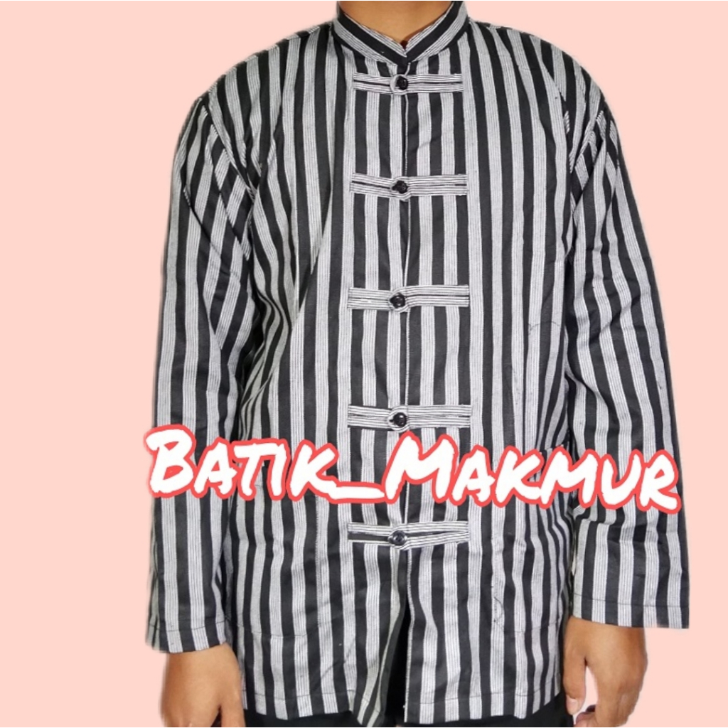 Baju Koko Lurik Shanghai Cina Hitam Putih Dewasa / Lurik Koko Sanghai Hitam Putih