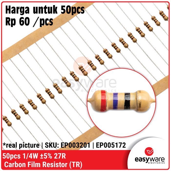 50pcs Resistor 27 Ohm 1/4W 5% Carbon Resistor 27 R 0.25W 0.25 Watt Resistor 5%