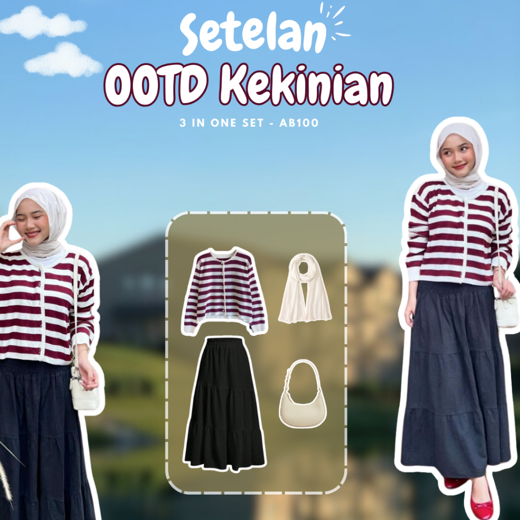 AB100 - Setelan One Set Korean Style Rok | Ootd Kekinian Cewek Outfit Pantai Kuliah Cardigan Rajut C